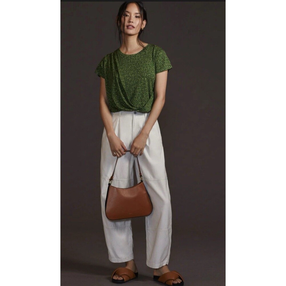 ANTHROPOLOGIE New Green Motif Draped Tee SMALL Top Floral Cotton Modal